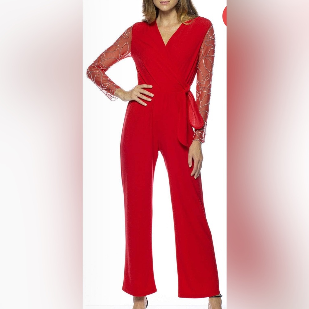 Marina 268040 - Embellished Long Sleeve V-Neck Jumpsuit size 14